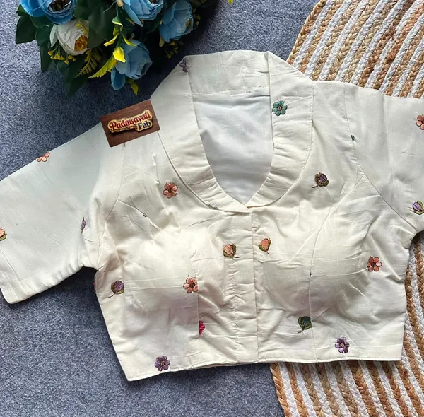 White_Rayon_Lapel_Collar_Flamingo_Floral_Embroidered_Blouse_For_Women
