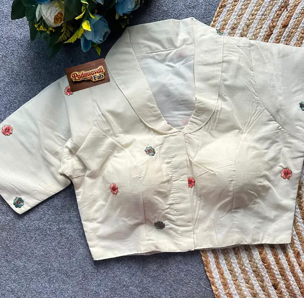 White_Rayon_Lapel_Collar_Flamingo_Floral_Embroidered_Blouse_For_Women