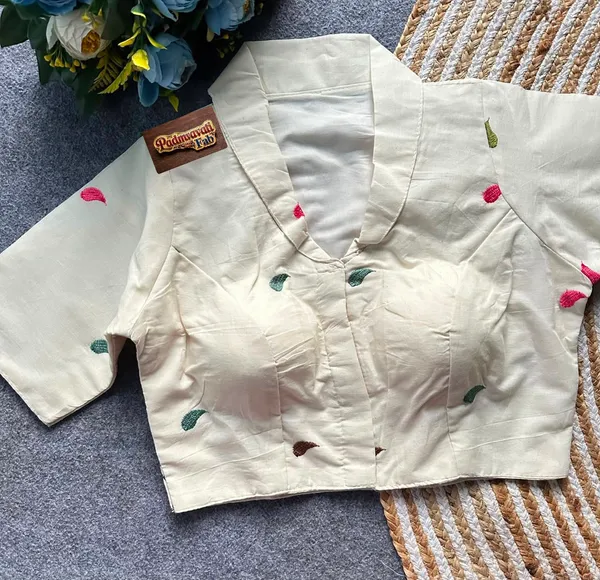 White_Rayon_Lapel_Collar_Flamingo_Floral_Embroidered_Blouse_For_Women