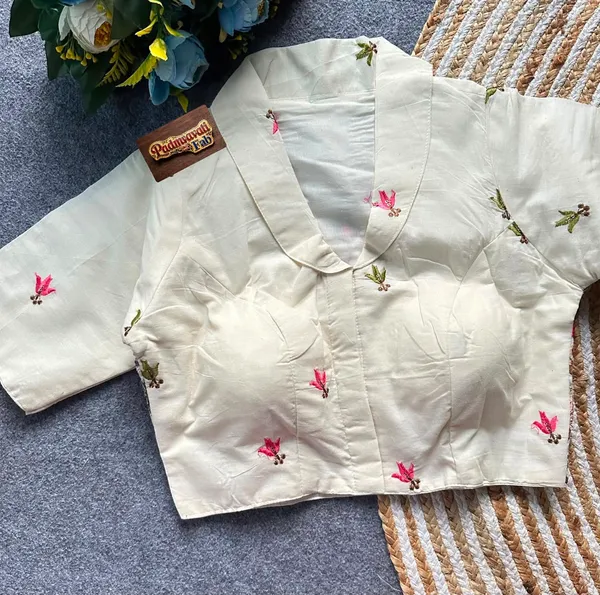 White_Rayon_Lapel_Collar_Flamingo_Floral_Embroidered_Blouse_For_Women