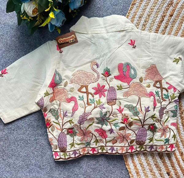 White_Rayon_Lapel_Collar_Flamingo_Floral_Embroidered_Blouse_For_Women
