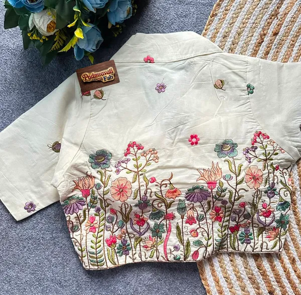 White_Rayon_Lapel_Collar_Flamingo_Floral_Embroidered_Blouse_For_Women