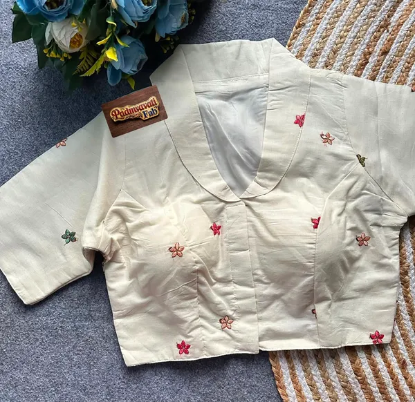 White_Rayon_Lapel_Collar_Flamingo_Floral_Embroidered_Blouse_For_Women