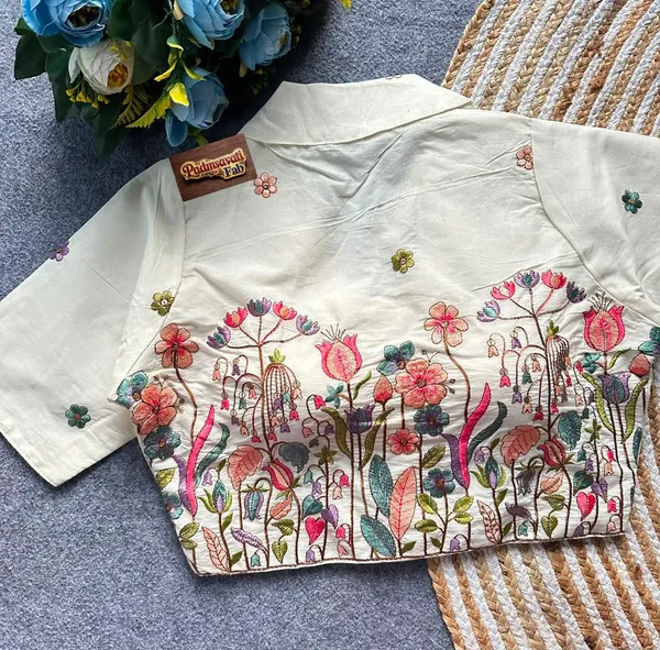 White_Rayon_Lapel_Collar_Flamingo_Floral_Embroidered_Blouse_For_Women