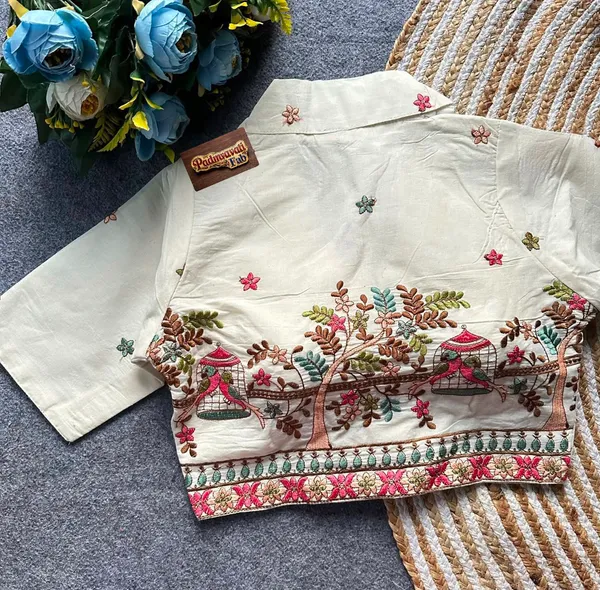 White_Rayon_Lapel_Collar_Flamingo_Floral_Embroidered_Blouse_For_Women