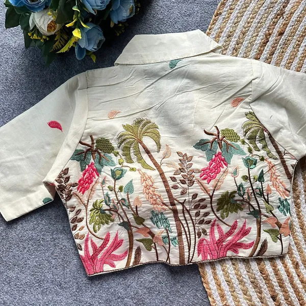 White_Rayon_Lapel_Collar_Flamingo_Floral_Embroidered_Blouse_For_Women