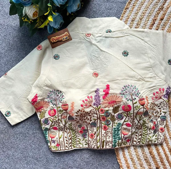 White_Rayon_Lapel_Collar_Flamingo_Floral_Embroidered_Blouse_For_Women