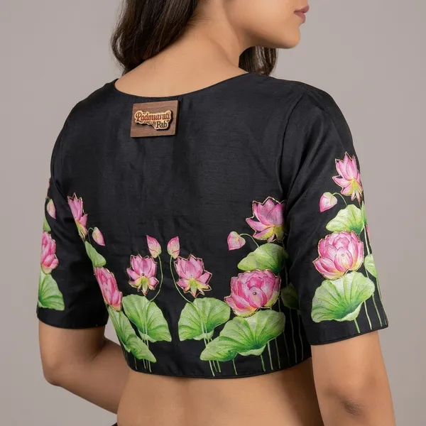 Black_Silk_Hand-Painted_Lotus_Motif_Blouse_For_Women