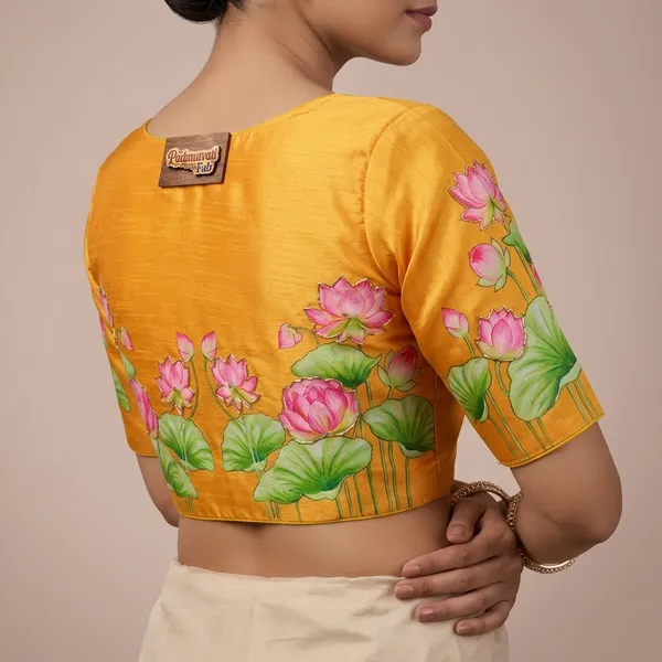 Yellow_Silk_Hand-Painted_Lotus_Motif_Blouse_For_Women