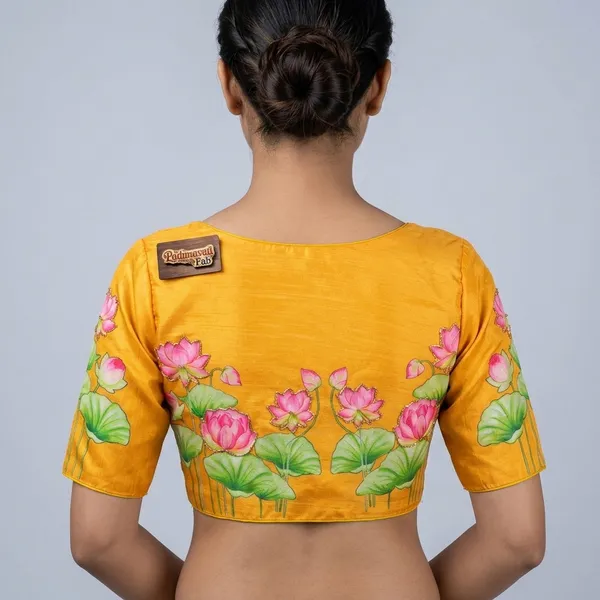 Yellow_Silk_Hand-Painted_Lotus_Motif_Blouse_For_Women