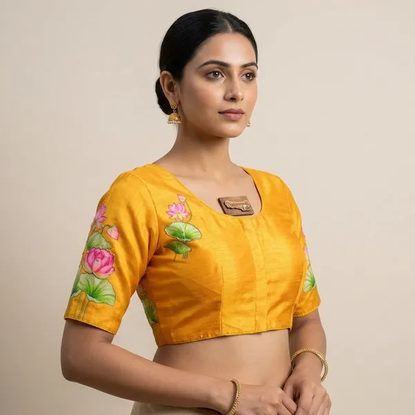 Yellow_Silk_Hand-Painted_Lotus_Motif_Blouse_For_Women