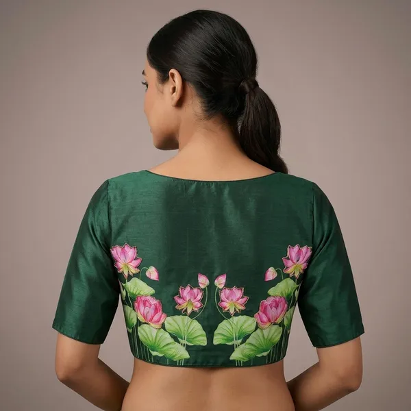Green_Silk_Hand-Painted_Lotus_Motif_Blouse_For_Women