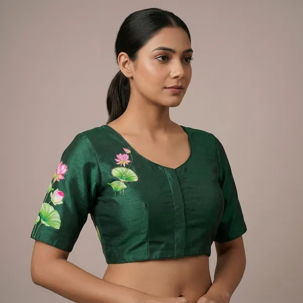 Green_Silk_Hand-Painted_Lotus_Motif_Blouse_For_Women