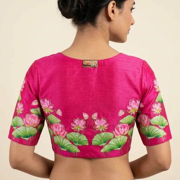 Pink_Silk_Hand-Painted_Lotus_Motif_Blouse_For_Women
