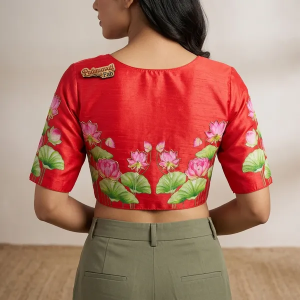 Red_Silk_Hand-Painted_Lotus_Motif_Blouse_For_Women