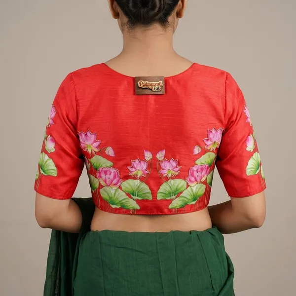 Red_Silk_Hand-Painted_Lotus_Motif_Blouse_For_Women