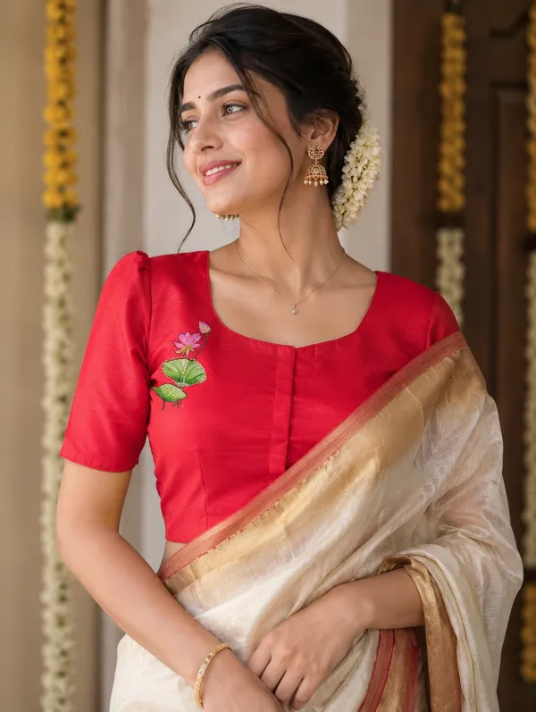 Red_Silk_Hand-Painted_Lotus_Motif_Blouse_For_Women