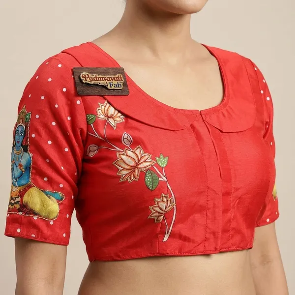 Red_Cotton_Hand-Painted_Festive_Blouse_For_Women