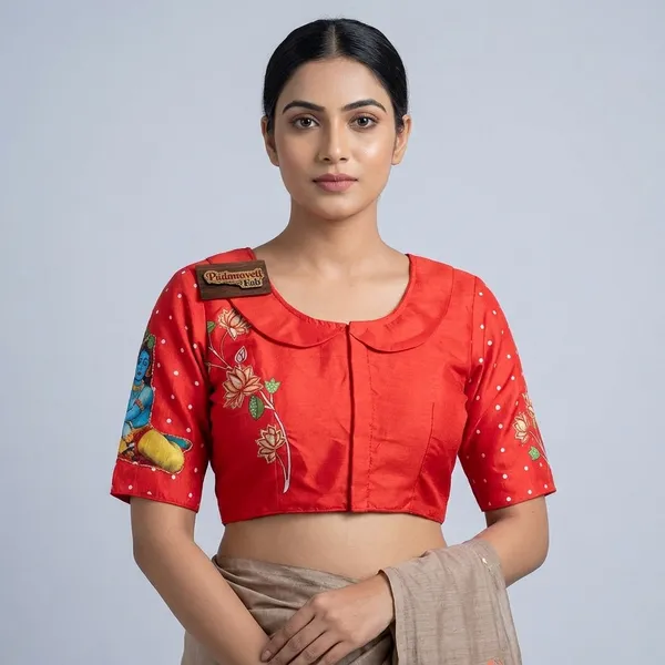 Red_Cotton_Hand-Painted_Festive_Blouse_For_Women
