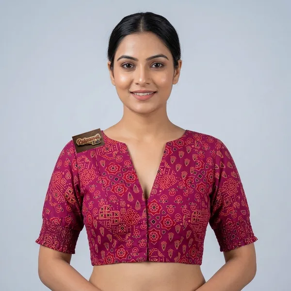 Wine_Poly-Cotton_Smocked_Geometric_Print_Blouse_For_Women