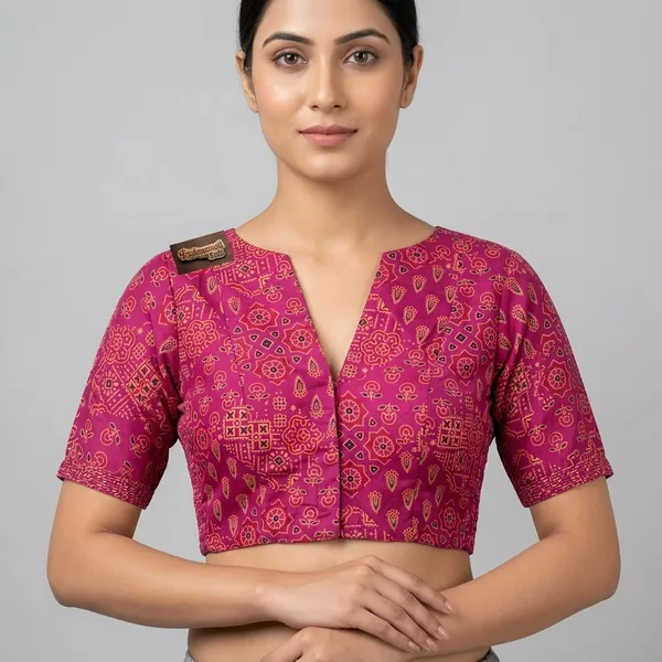 Wine_Poly-Cotton_Smocked_Geometric_Print_Blouse_For_Women