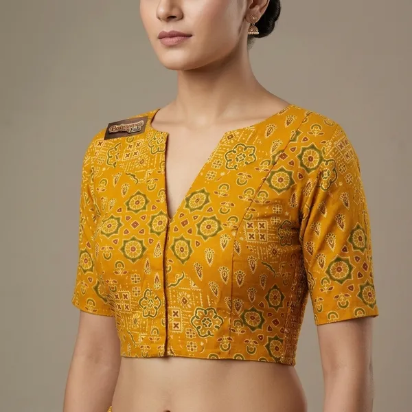 Yellow_Poly-Cotton_Smocked_Geometric_Print_Blouse_For_Women