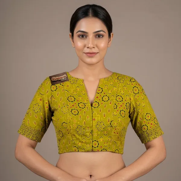 Green_Poly-Cotton_Smocked_Geometric_Print_Blouse_For_Women