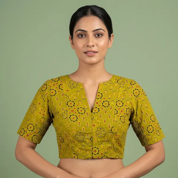 Green_Poly-Cotton_Smocked_Geometric_Print_Blouse_For_Women