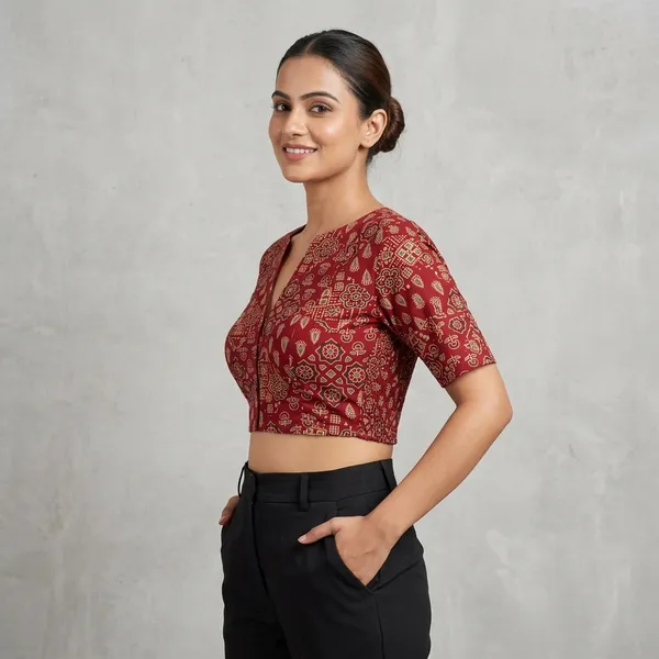 Maroon_Poly-Cotton_Smocked_Geometric_Print_Blouse_For_Women
