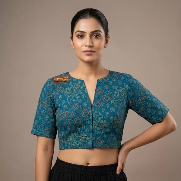 Blue_Poly-Cotton_Smocked_Geometric_Print_Blouse_For_Women