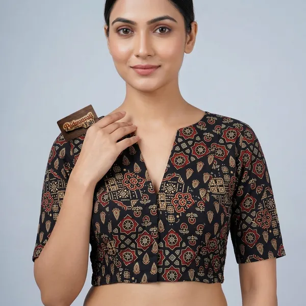 Black_Poly-Cotton_Smocked_Geometric_Print_Blouse_For_Women