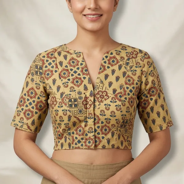 Cream_Polyester_Cotton_Geometric_Print_Smocked_Blouse_For_Women