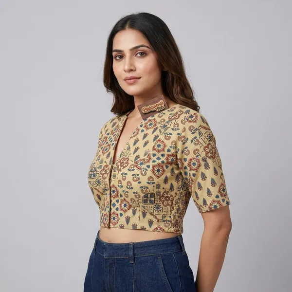 Cream_Polyester_Cotton_Geometric_Print_Smocked_Blouse_For_Women