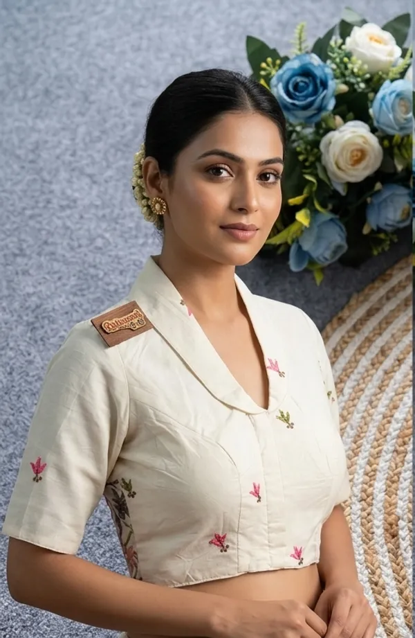 White_Rayon_Lapel_Collar_Flamingo_Floral_Embroidered_Blouse_For_Women