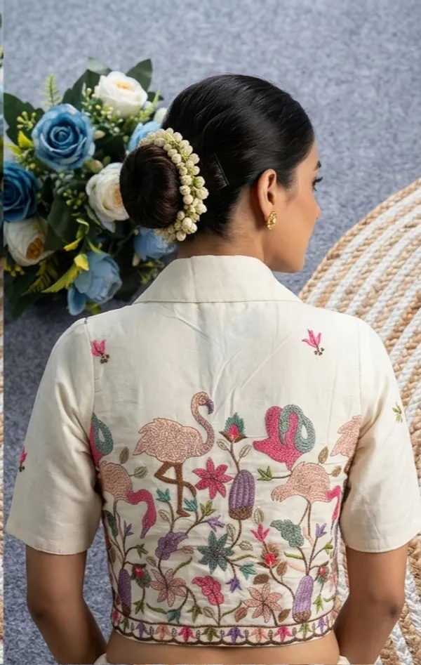 White_Rayon_Lapel_Collar_Flamingo_Floral_Embroidered_Blouse_For_Women