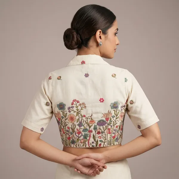 White_Rayon_Lapel_Collar_Flamingo_Floral_Embroidered_Blouse_For_Women