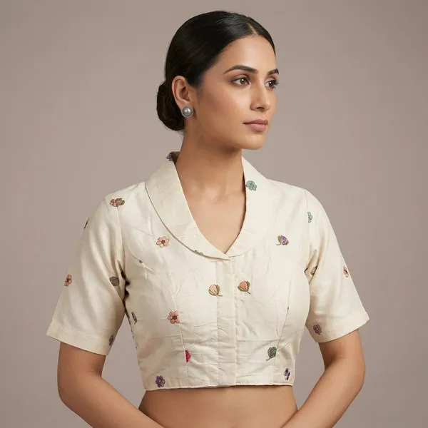 White_Rayon_Lapel_Collar_Flamingo_Floral_Embroidered_Blouse_For_Women