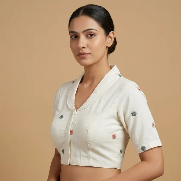 White_Rayon_Lapel_Collar_Flamingo_Floral_Embroidered_Blouse_For_Women