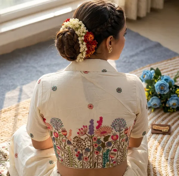 White_Rayon_Lapel_Collar_Flamingo_Floral_Embroidered_Blouse_For_Women
