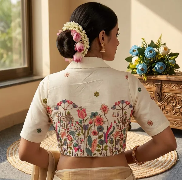 White_Rayon_Lapel_Collar_Flamingo_Floral_Embroidered_Blouse_For_Women