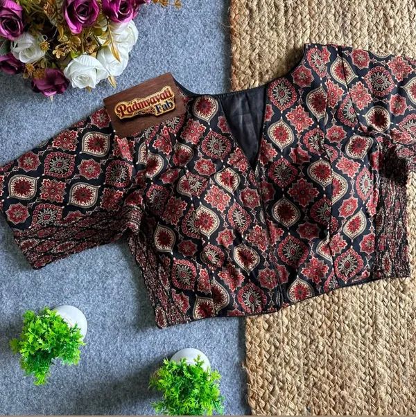 Black_Cotton_Lycra_Block-Print_V-Neck_Blouse_For_Women