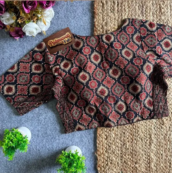 Black_Cotton_Lycra_Block-Print_V-Neck_Blouse_For_Women
