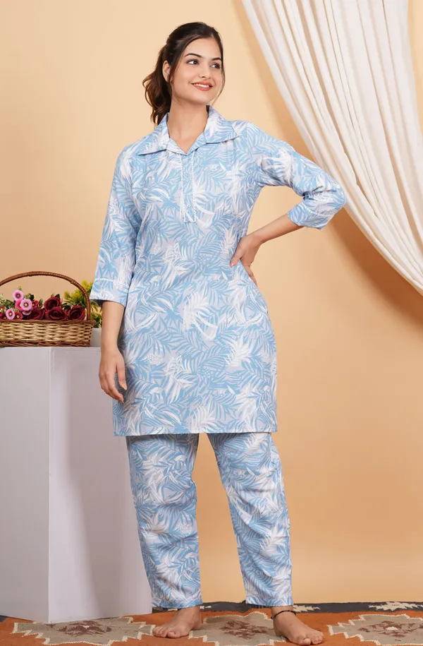 Light_Blue_Cotton_Blend_Collared_Short_Kurta_Pant_Set_For_Women