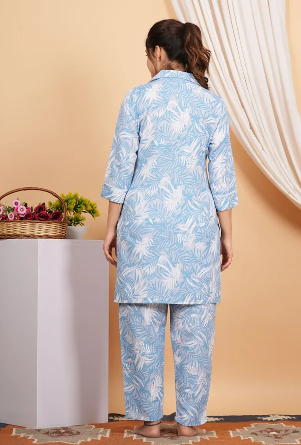 Light_Blue_Cotton_Blend_Collared_Short_Kurta_Pant_Set_For_Women