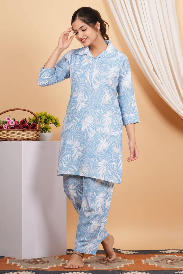 Light_Blue_Cotton_Blend_Collared_Short_Kurta_Pant_Set_For_Women