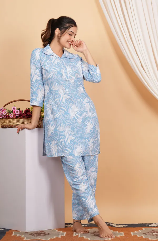 Light_Blue_Cotton_Blend_Collared_Short_Kurta_Pant_Set_For_Women