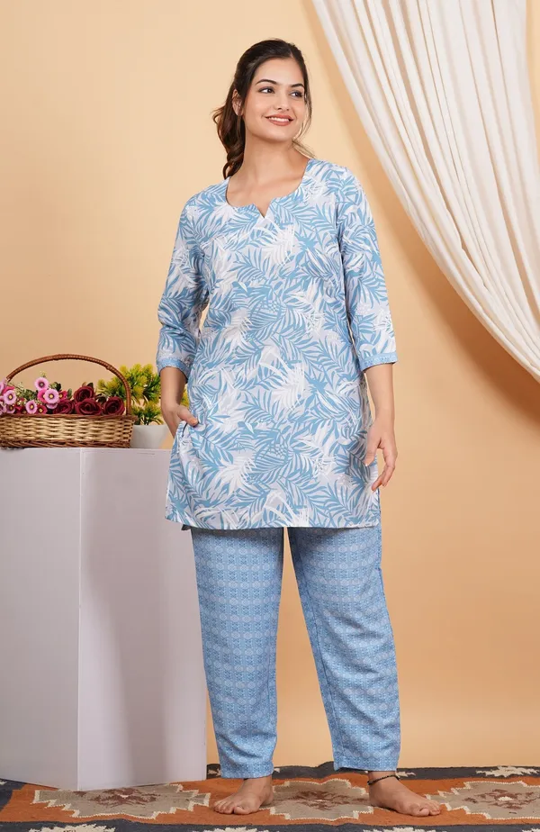 Light_Blue_Cotton_Short_Kurta_Pant_Set_For_Women