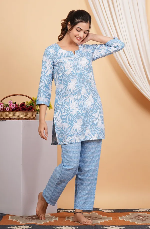 Light_Blue_Cotton_Short_Kurta_Pant_Set_For_Women