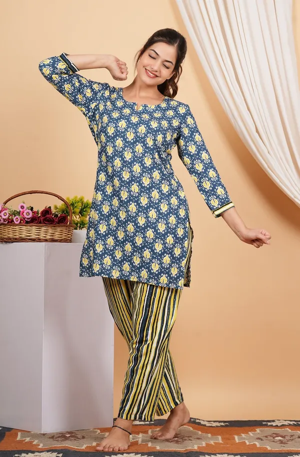 Dark_Blue_Yellow_Cotton_Printed_Short_Kurta_Pant_Set_For_Women