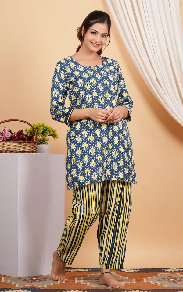 Dark_Blue_Yellow_Cotton_Printed_Short_Kurta_Pant_Set_For_Women